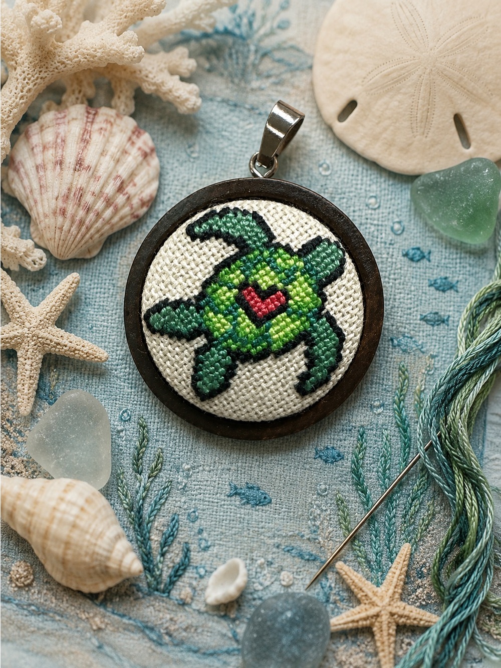 Turtle cross stitch handmade necklace